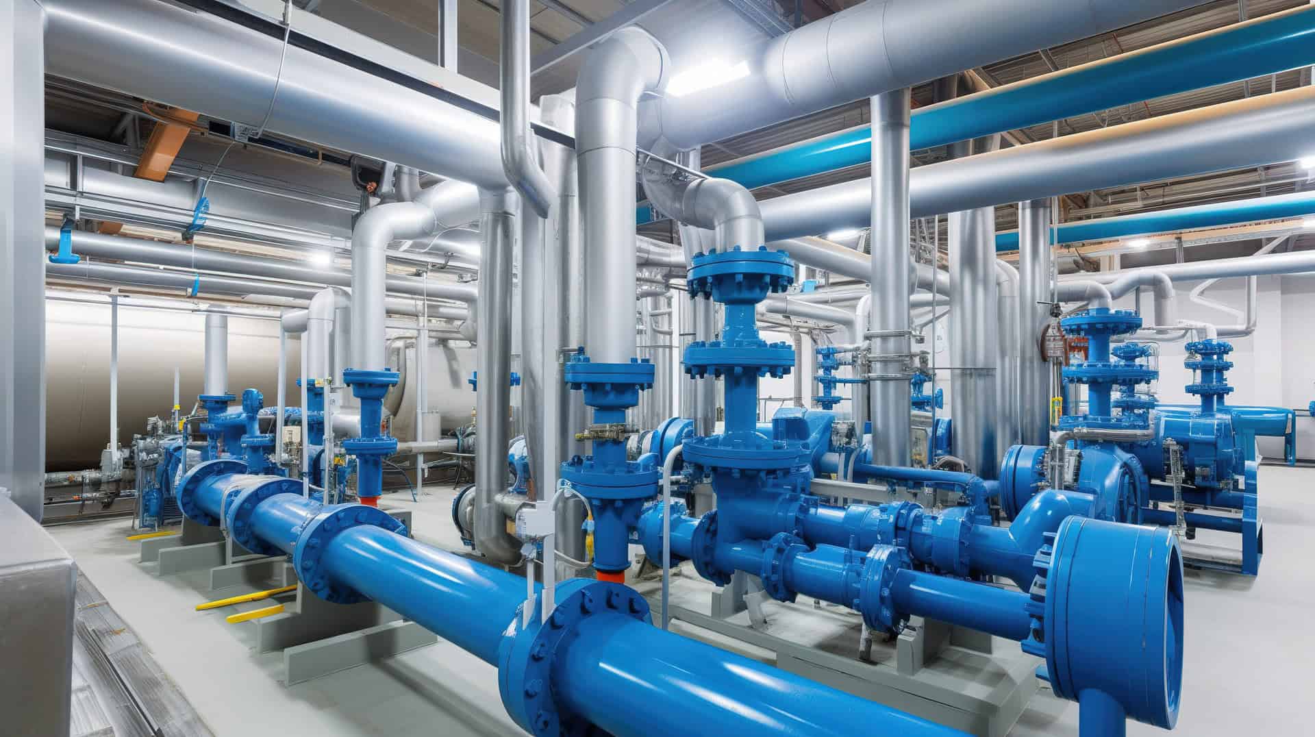 Moderne Wasserverteilungsanlage mit blauen Rohren und Edelstahlleitungen – Symbol für sichere und leistungsstarke Trinkwasserversorgung.