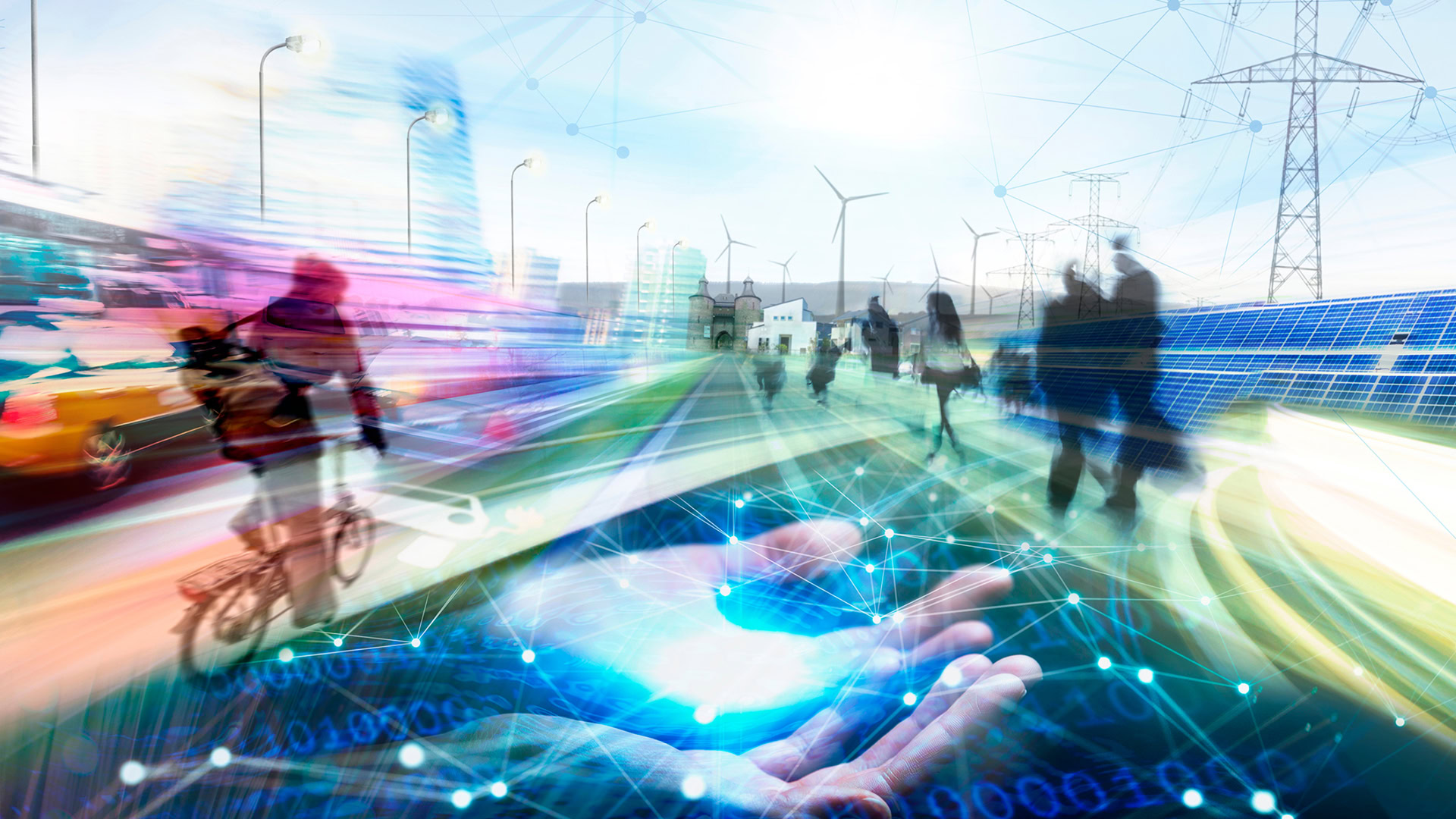 Digitale Hand mit Lichtimpuls, darüber schemenhafte Menschen, Windräder und Solarpanels – Symbolbild für Energiewende, Digitalisierung und nachhaltige Mobilität.