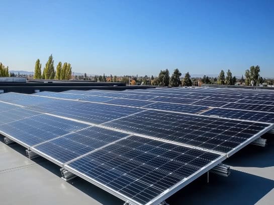 Große Photovoltaikanlage auf einem Flachdach unter klarem blauem Himmel. Die Solarmodule sind in Reihen angeordnet und reflektieren das Sonnenlicht. Im Hintergrund sind Bäume und eine weitläufige Landschaft zu sehen.