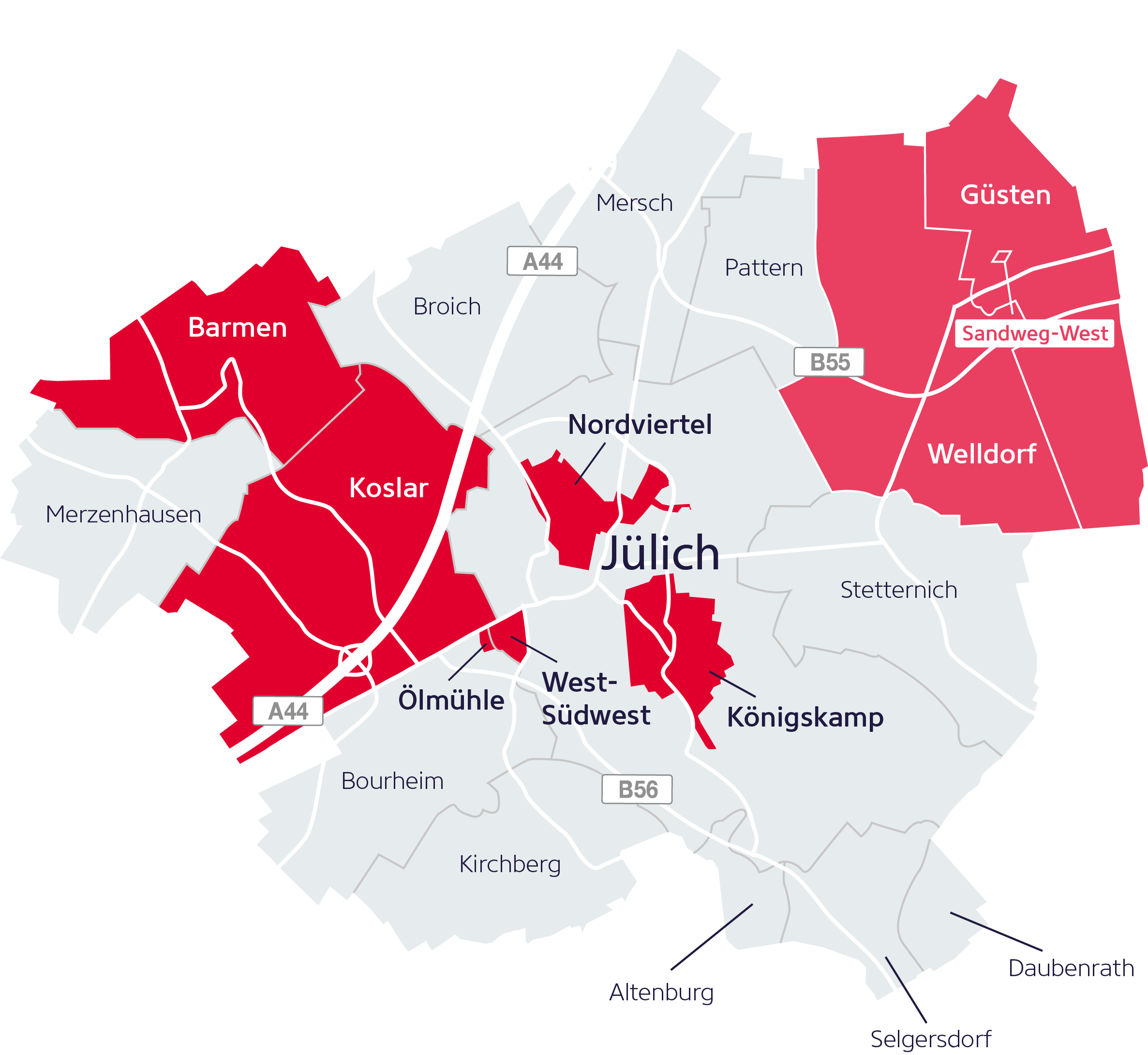 Die Karte zeigt, farblich in Rot unterschieden, die verschiedenen Ausbaugebiete bei welchen der Glasfaserausbau abgeschlossen ist oder in Druchführung.